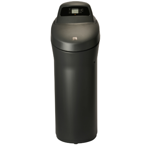 Front view of Kenmore Elite 520 Water Softener with black base and top