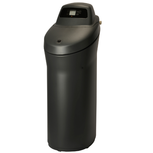 Right side angle view of Kenmore Elite 520 Water Softener with black base and top
